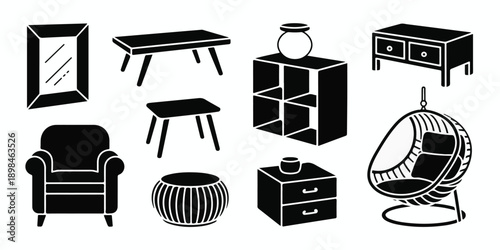 Collection of Modern Home Furniture and Interior Decor Silhouette Icons.