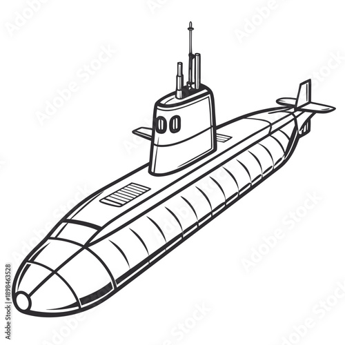 Black and white of a submarine with streamlined hull and conning tower