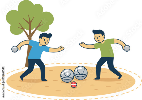 Vector illustration of two men competing in a game of petanque or boules outdoors, throwing metal balls towards a small red jack near a tree