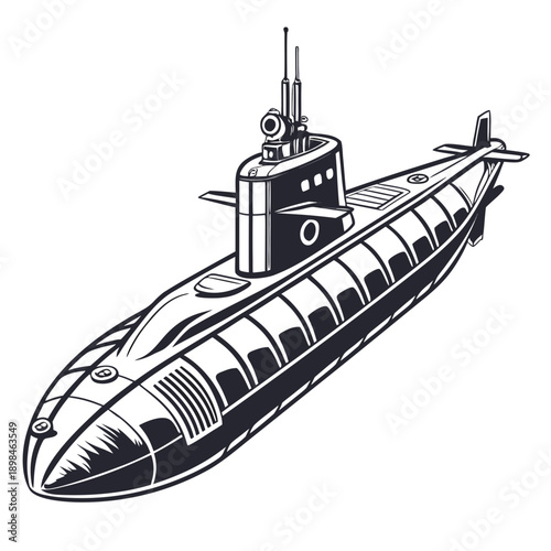 Black and white of military submarine from elevated angle