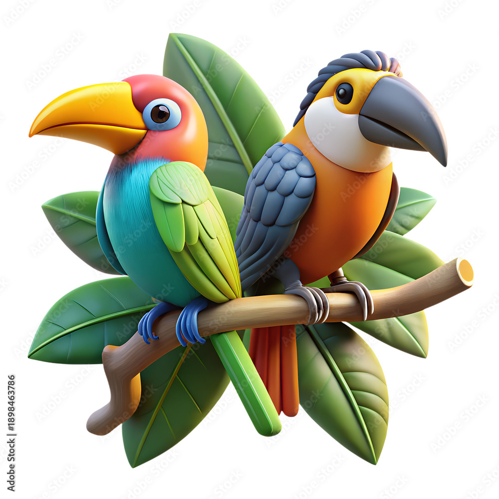 Fototapeta premium Two Colorful Cartoon Birds Perched on Branch with Leaves, Tropical Avian Duo
