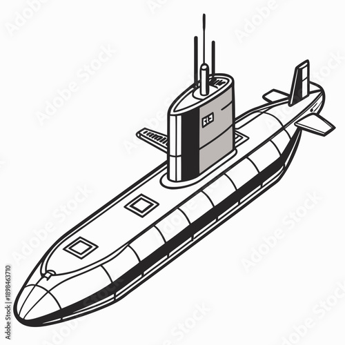 Black and white submarine with conning tower and periscope 3