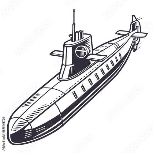 Black and white submarine with conning tower and propeller 1