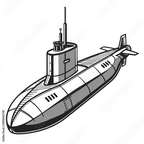 Black and white submarine with conning tower and propeller