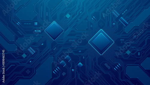 Digital circuit patterns on dark board with illuminated microchip network, abstract tech textures, and futuristic electronic data visualization elements. Digital blue technology background.