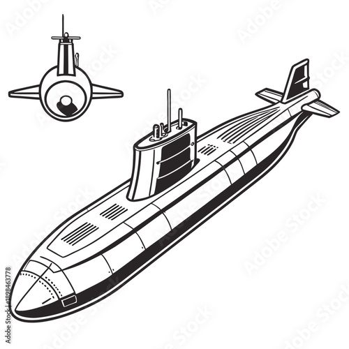 Black and white submarine with view nautical underwater