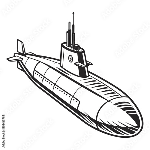 Black and white submarine with minimal shading nautical