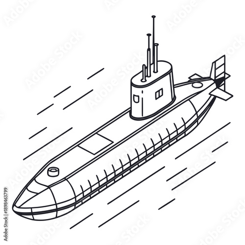 Black line submarine with conning tower and propeller