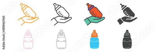 colorful baby feeding bottle icon, hand with a baby bottle vector outline illustration, black and white silhouette.