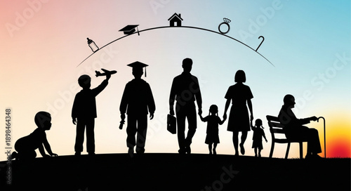 Generations of People Silhouetted Against a Sunset Sky with Life Symbols.