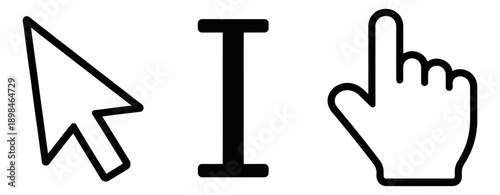 Simple line art computer cursor icon set featuring arrow, I-beam, and hand cursors for user interface design