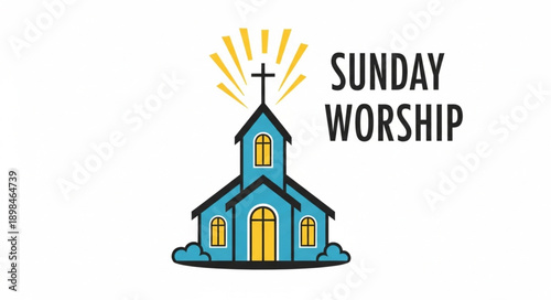 Blue church with cross and sun rays text Sunday Worship.