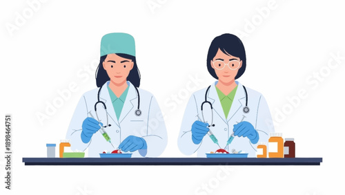 Two female medical researchers in lab coats and gloves carefully conducting experiments with syringes and samples on a laboratory table.