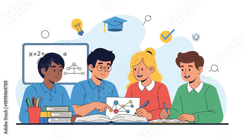 Diverse students collaborating on math and science project, learning together