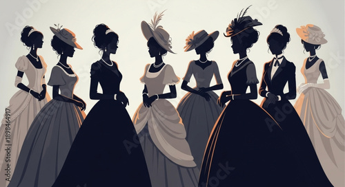 Group of women in historical dresses and hats.