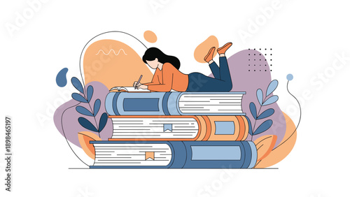 Creative woman lying down on a large stack of books while writing in a notebook surrounded by decorative abstract shapes and floral leaves.