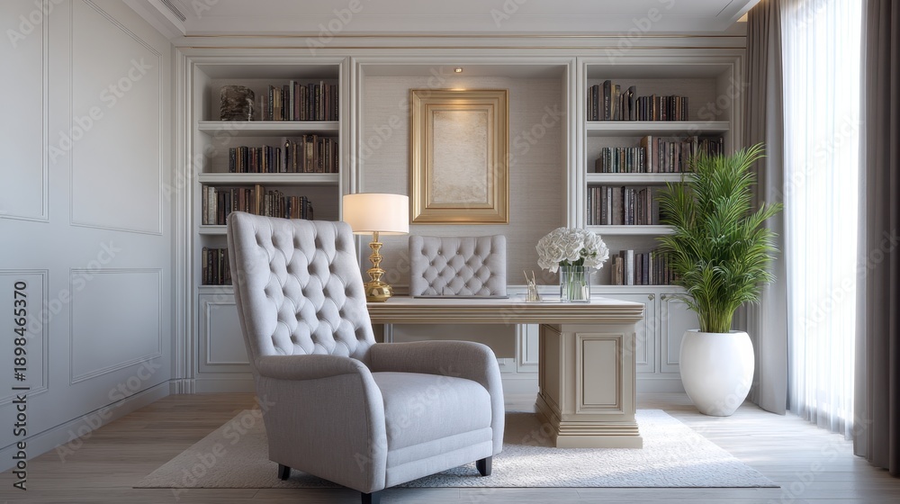 Fototapeta premium Elegant home office interior with plush armchair, wooden desk, bookshelves, decorative plant, and soft lighting creating a serene workspace atmosphere