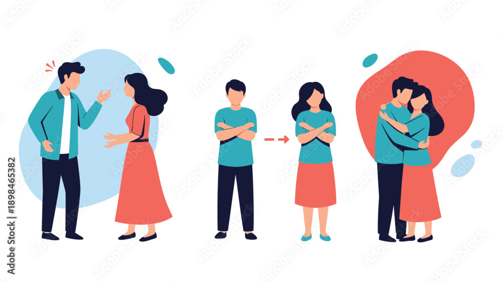 Fototapeta premium Phases of relationship communication showing conflict, distance, and eventual reconciliation through a warm hug between a couple.