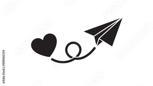 Simple black paper plane carrying a heart, symbolizing love and affection, on a clean white background.