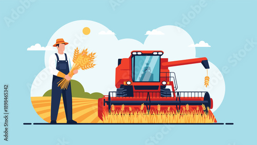 Hardworking farmer holding a bundle of wheat standing next to a modern red combine harvester in a golden agricultural field under a blue sky.