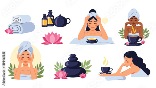 Collection of women enjoying spa treatments with hot stones, herbal tea, and lotus flowers in a relaxing wellness setting.