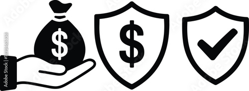 Essential black vector icons symbolizing financial security and protection, including a hand offering a dollar bag, a shield safeguarding currency, and a verified checkmark.