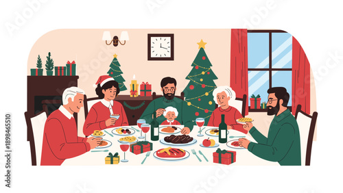 Happy multi-generational family enjoying a traditional Christmas dinner at home with a decorated tree and festive food.