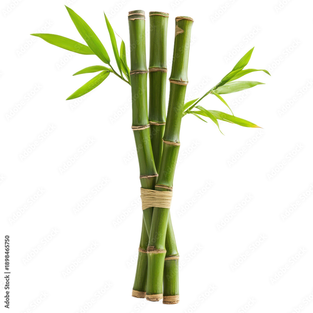 Fototapeta premium Three bamboo stalks with leaves isolated on a white background.