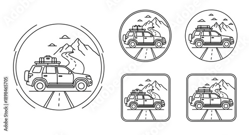 Adventure SUV with luggage on roof rack driving on road through mountains.