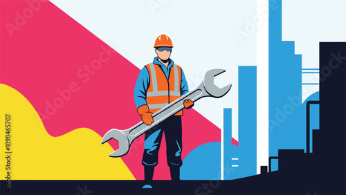 Industrial worker in safety gear holding a giant wrench in front of a factory silhouette with colorful abstract background.