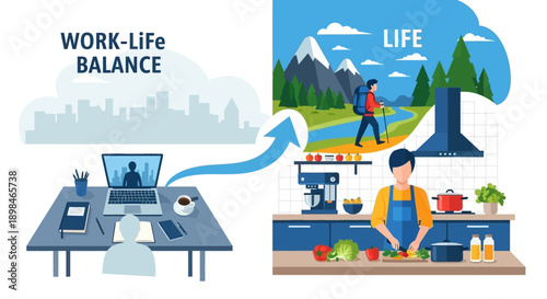 Illustration depicting the concept of work-life balance, showing a person transitioning from a work desk to a kitchen with a scenic outdoor background.
