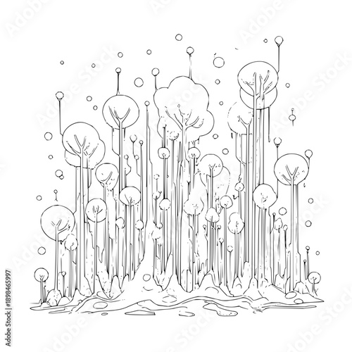Fantasy Mushroom Forest with Glowing Mushrooms and Bubbles Isolated on White