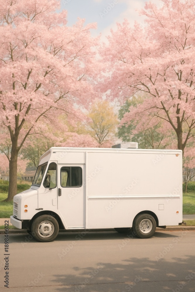 Obraz premium Food truck under cherry blossoms.