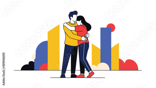 Young couple sharing a warm embrace in front of colorful city buildings representing love and togetherness in the urban environment.