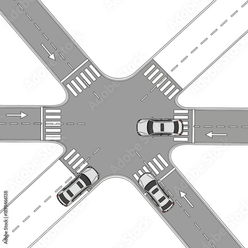 Aerial View of Cars at a Complex Intersection with Pedestrian Crosswalks