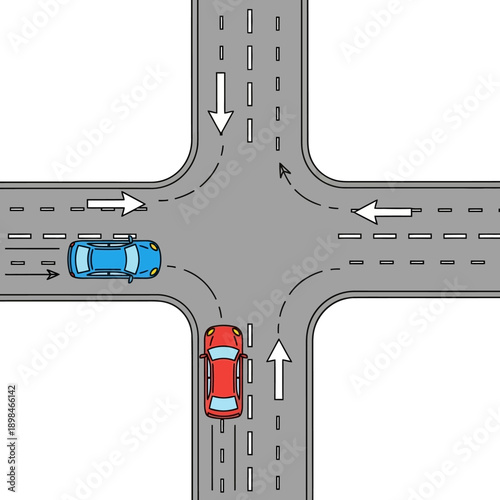 Crossroad intersection with cars driving and traffic arrows, top view