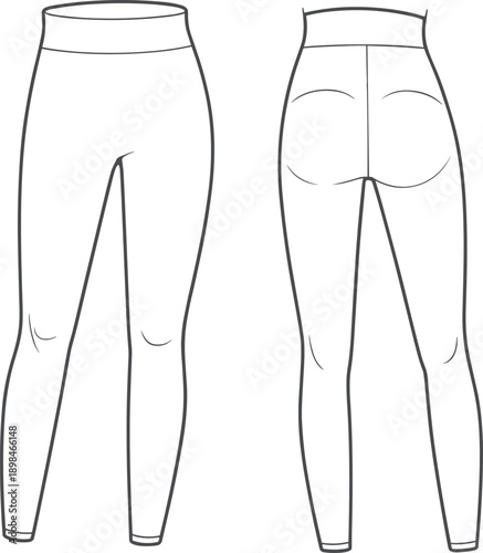 Technical line art vector illustration of women high waist leggings front and back views activewear fitness apparel design templateTechnical 