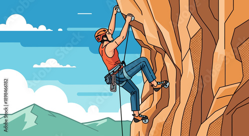 A man in an orange helmet and vest climbs a steep, rocky cliff face with a rope and harness.