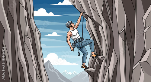 An illustration of a male rock climber ascending a steep mountain face with a rope and harness, set against a backdrop of distant peaks and a clear blue sky.