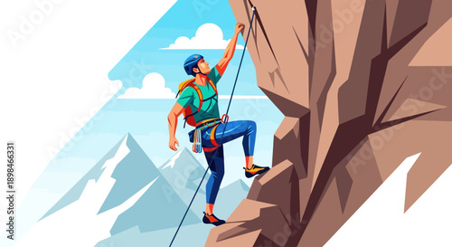 An illustration of a male rock climber ascending a steep mountain face with a rope and harness, set against a backdrop of distant peaks and a clear blue sky.