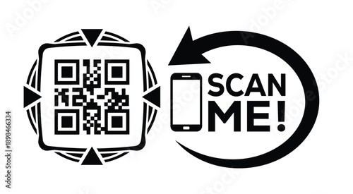 Black and white QR code with bold "SCAN ME" text, smartphone icon, and curved arrow—ideal for mobile interaction, digital marketing, and tech-themed promotional materials.