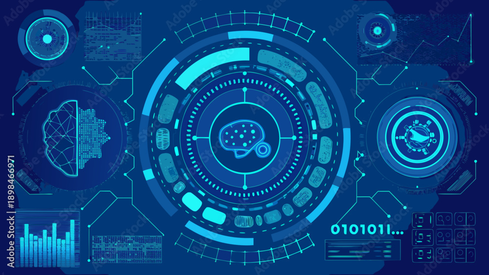 Fototapeta premium Futuristic interface displaying data visualizations and a brain scan illustration