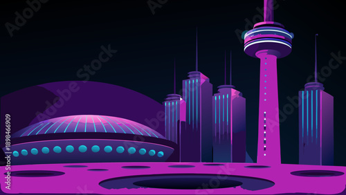 Futuristic cityscape with a prominent purple communication tower and dome