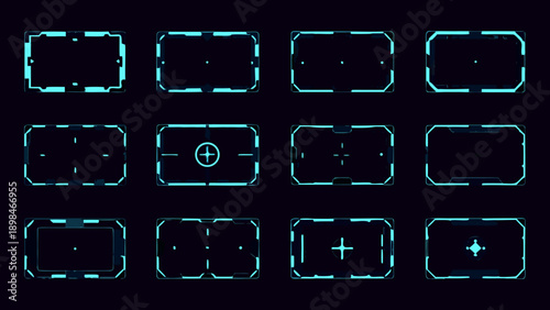 Assorted futuristic interface elements with glowing cyan outlines on black