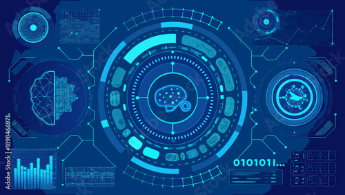 Futuristic interface displaying data visualizations and a brain scan illustration