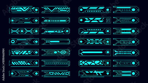 Neon blue futuristic interface elements arranged in vertical rows