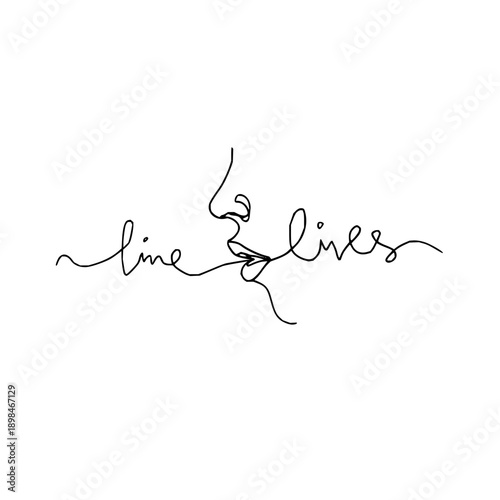 Continuous line drawing of a face with the words line lives integrated into the design element