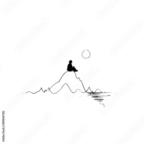 Silhouette of a person sitting on a mountain peak gazing at the moon over water line drawing art
