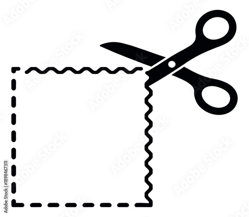 Simple line art illustration of scissors depicting cutting a dotted coupon border for discount promotion