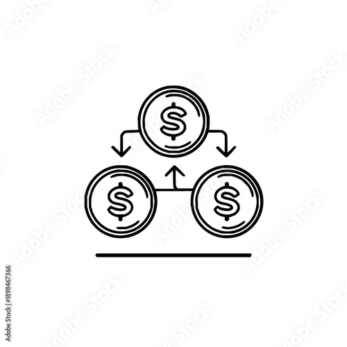 Money flow diagram with dollar coins and arrows showing income and expenditure in a linear design style